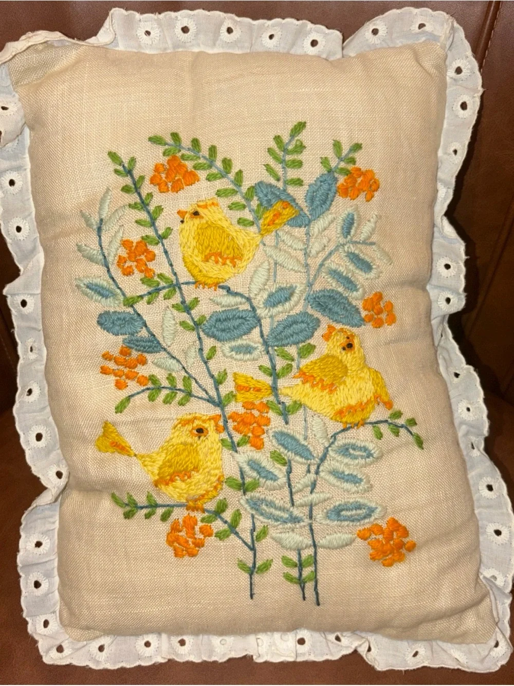 Vintage Hand Stitched Yellow Bird Floral Pillow Handmade Throw Accent Granny